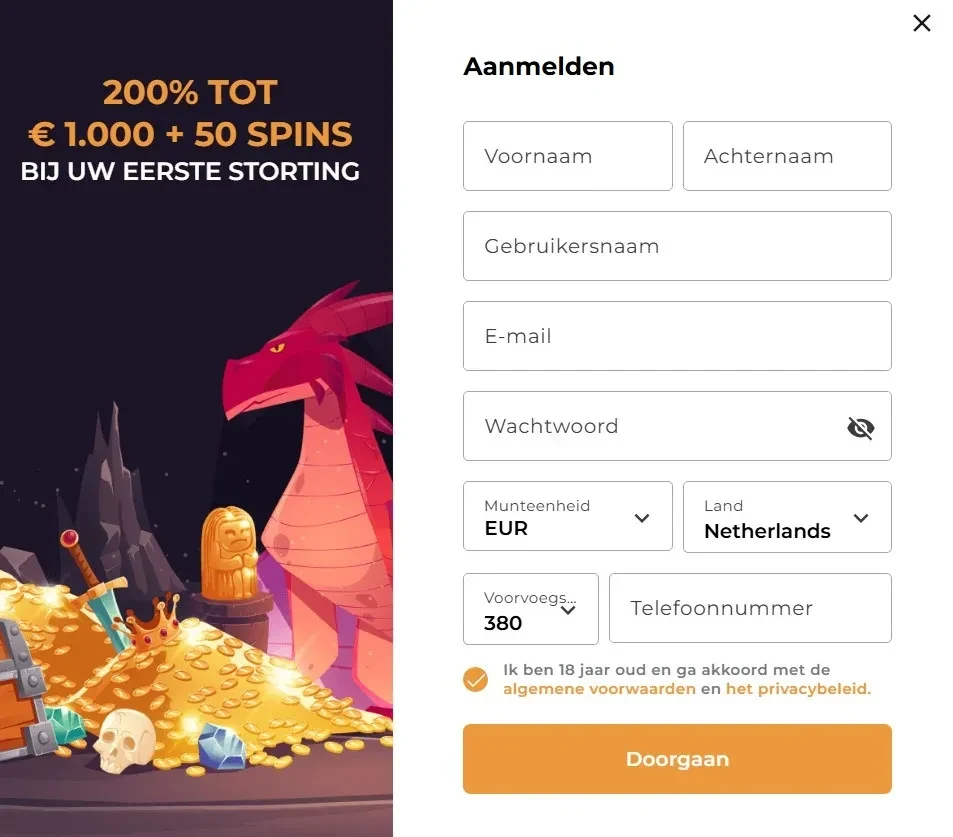Lord of the Spins registratieformulier met voornaam, e-mail en wachtwoord